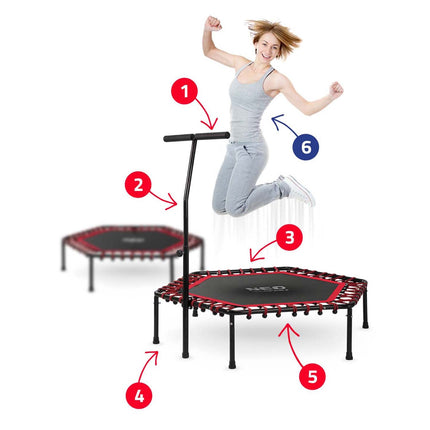 Trampolin til fitness med håndtag - sekskantet 127 cm, ideel til hjemmebrug og kalorieforbrænding