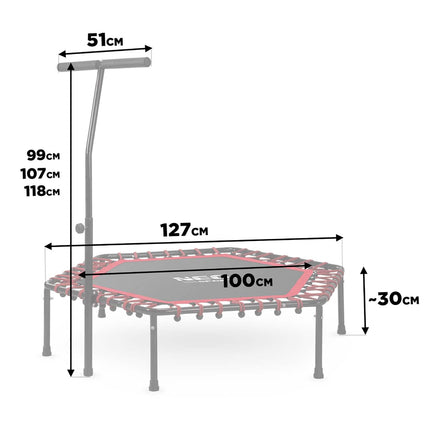 Trampolin til fitness med håndtag - sekskantet 127 cm, ideel til hjemmebrug og kalorieforbrænding