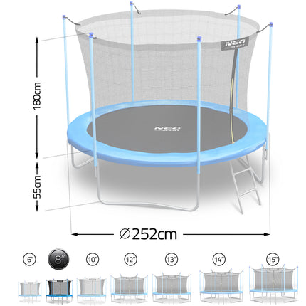 Havetrampolin 252 cm (8 ft) med indvendigt sikkerhedsnet, stige og 3 dobbelte ben