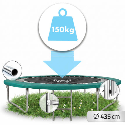 Profileret havetrampolin 435 cm (14 ft) med indvendigt sikkerhedsnet, stige og 4 dobbelte ben – grøn
