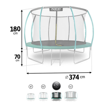 Profileret havetrampolin 374 cm (12 ft) med indvendigt sikkerhedsnet, stige og 4 dobbelte ben – grøn