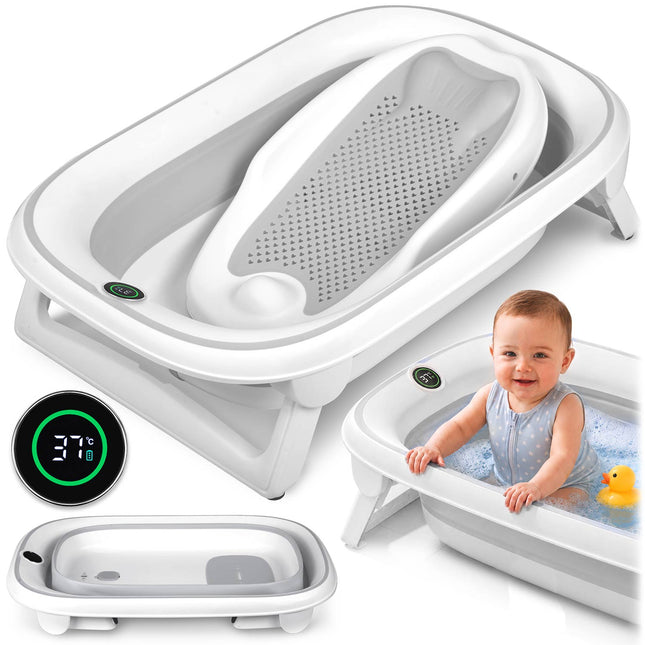 Foldbart babybadekar med digitalt termometer og indlæg til nyfødte – hvid/grå