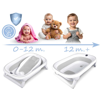 Foldbart babybadekar med digitalt termometer og indlæg til nyfødte – hvid/grå
