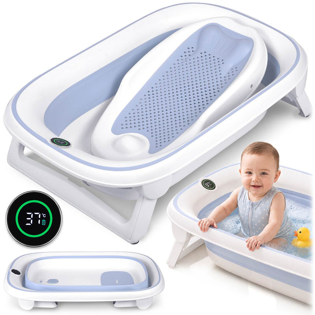 Foldbart babybadekar med digitalt termometer og indlæg til nyfødte – hvid/blå