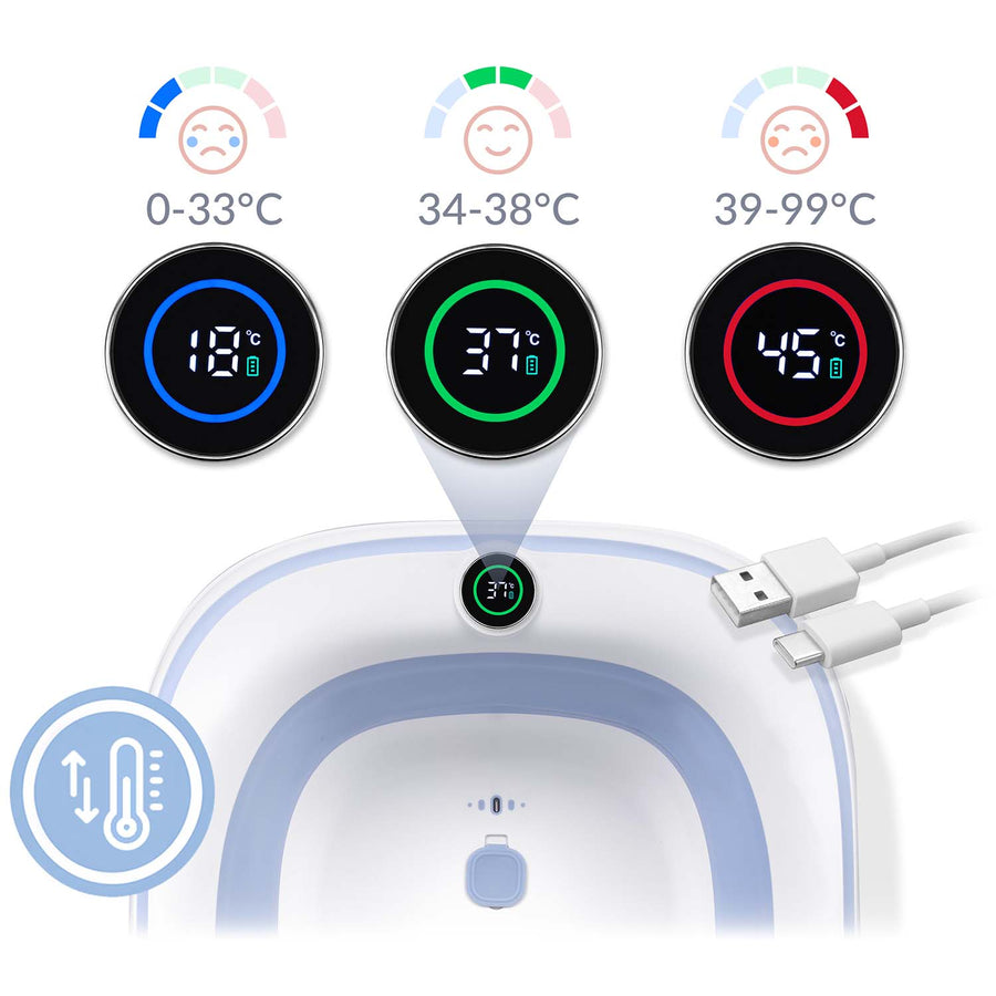Foldbart babybadekar med digitalt termometer og indlæg til nyfødte – hvid/blå