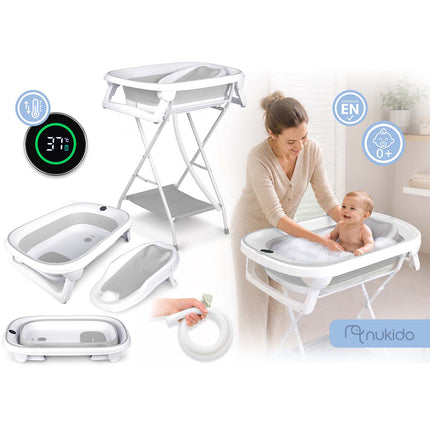 Foldbart babybadekar med stativ, termometer, afløbsslange og indlæg til nyfødte – hvid/grå
