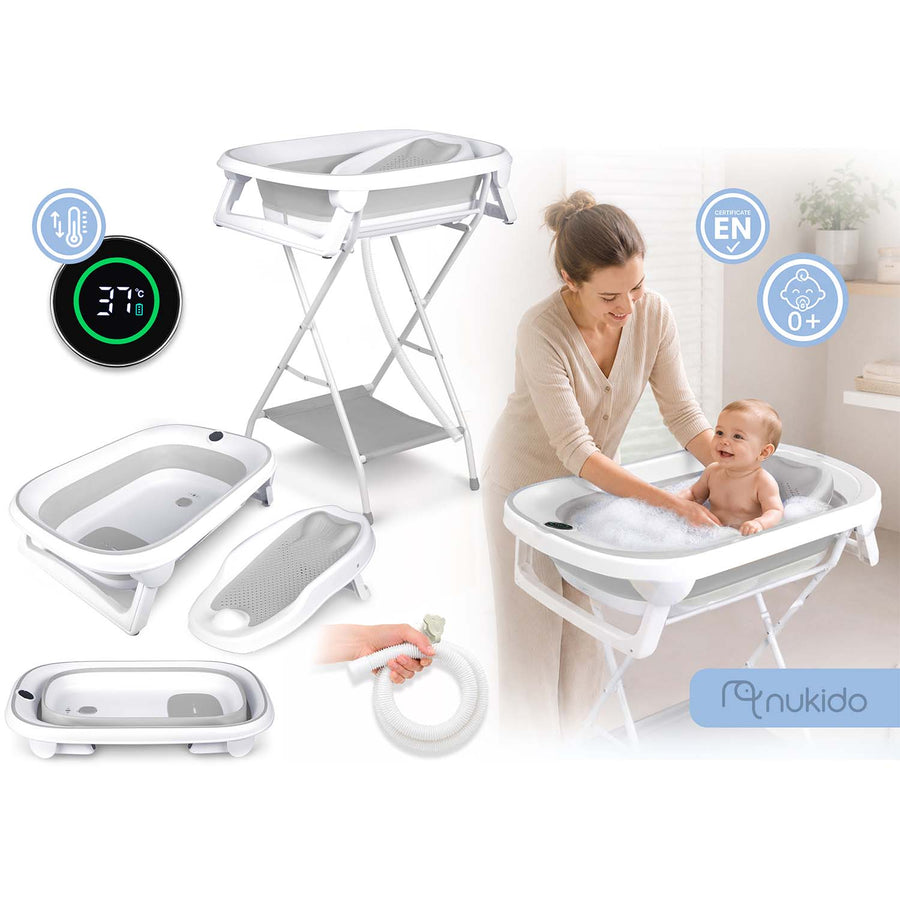 Foldbart babybadekar med stativ, termometer, afløbsslange og indlæg til nyfødte – hvid/grå