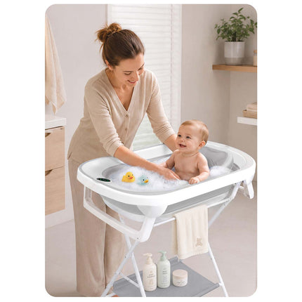 Foldbart babybadekar med stativ, termometer, afløbsslange og indlæg til nyfødte – hvid/grå
