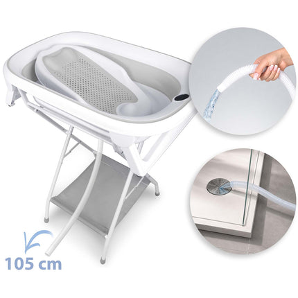 Foldbart babybadekar med stativ, termometer, afløbsslange og indlæg til nyfødte – hvid/grå
