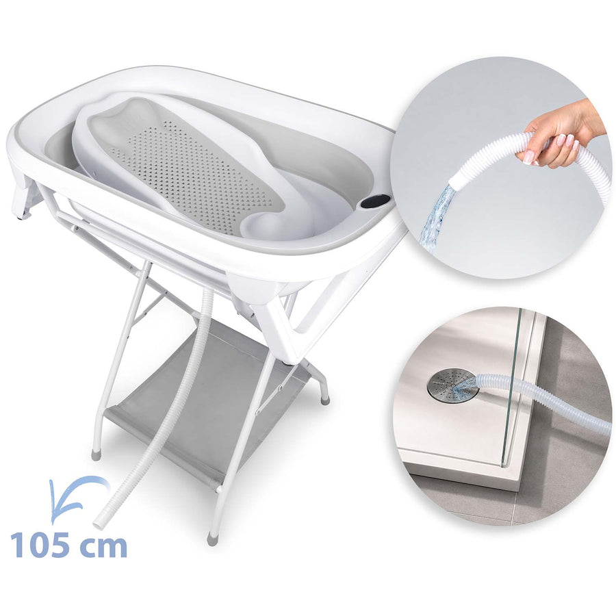 Foldbart babybadekar med stativ, termometer, afløbsslange og indlæg til nyfødte – hvid/grå