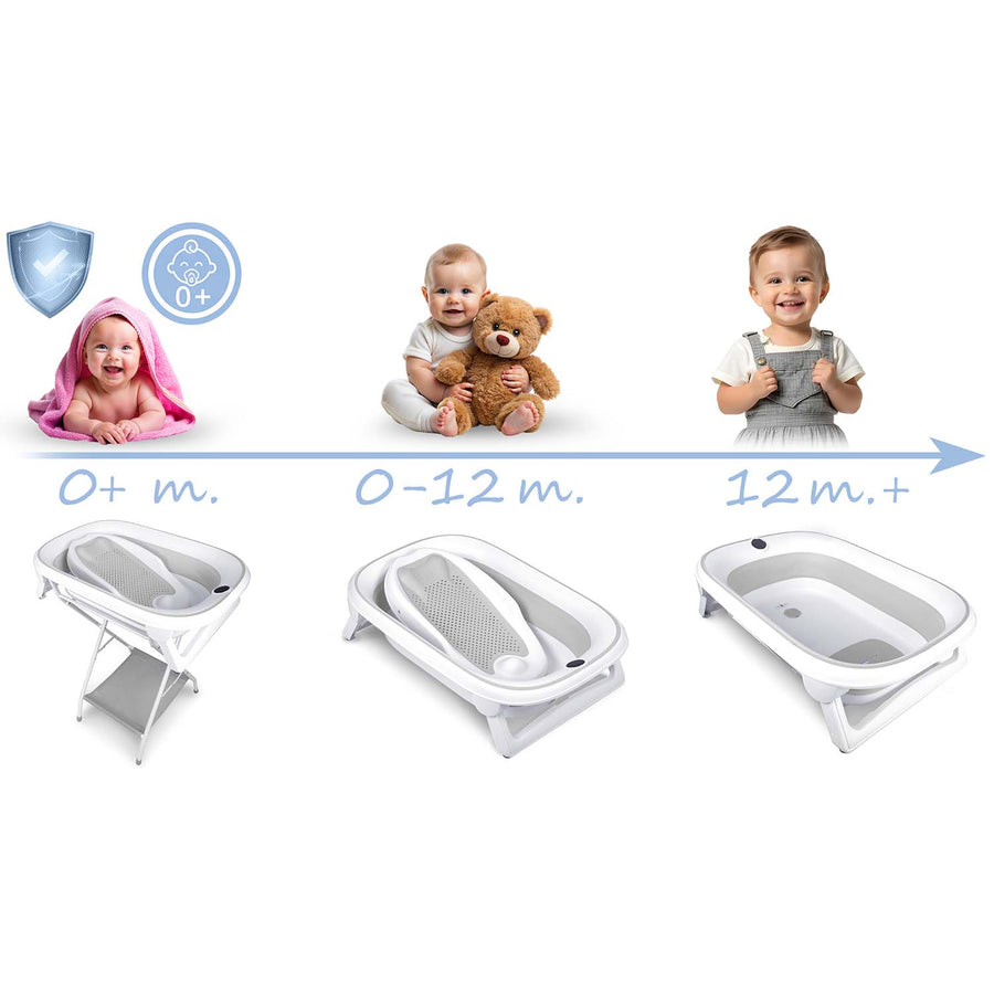 Foldbart babybadekar med stativ, termometer, afløbsslange og indlæg til nyfødte – hvid/grå