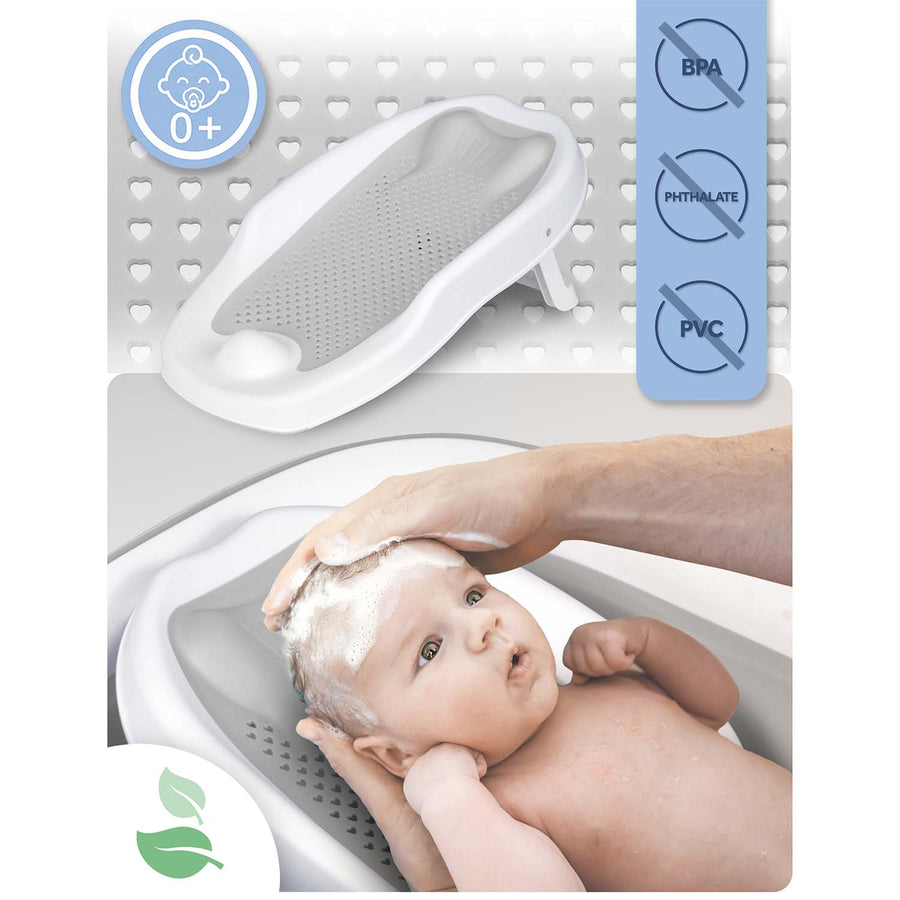 Foldbart babybadekar med stativ, termometer, afløbsslange og indlæg til nyfødte – hvid/grå