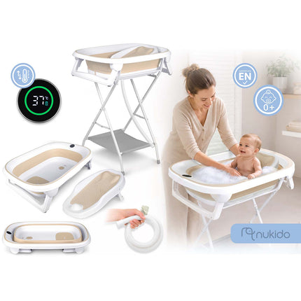 Foldbart babybadekar med stativ, termometer, afløbsslange og indlæg til nyfødte – hvid/beige
