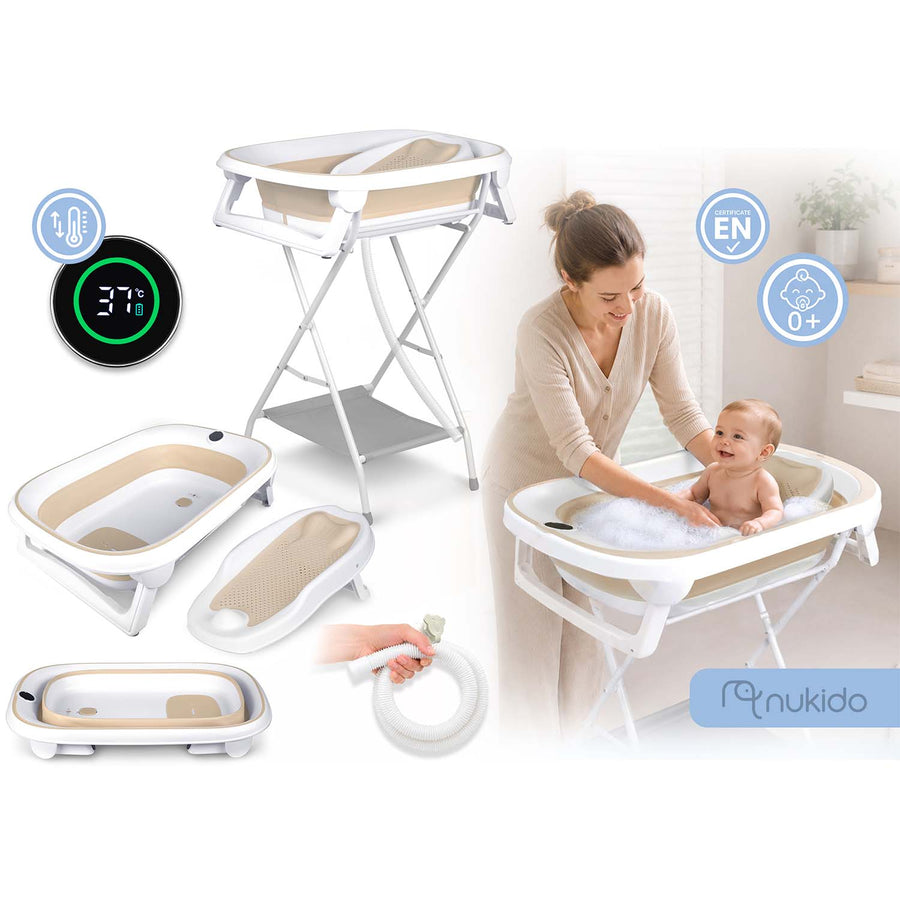 Foldbart babybadekar med stativ, termometer, afløbsslange og indlæg til nyfødte – hvid/beige