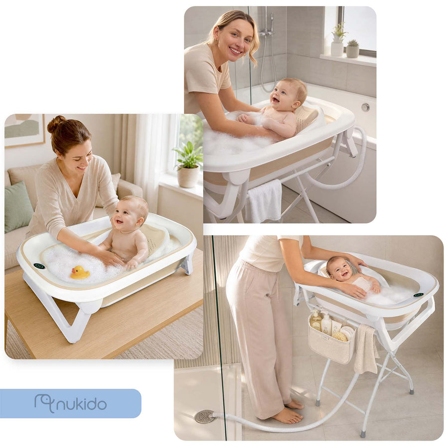 Foldbart babybadekar med stativ, termometer, afløbsslange og indlæg til nyfødte – hvid/beige