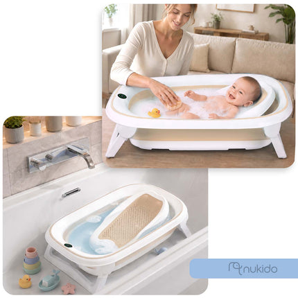 Foldbart babybadekar med stativ, termometer, afløbsslange og indlæg til nyfødte – hvid/beige
