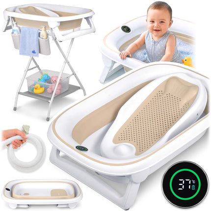 Foldbart babybadekar med stativ, termometer, afløbsslange og indlæg til nyfødte – hvid/beige