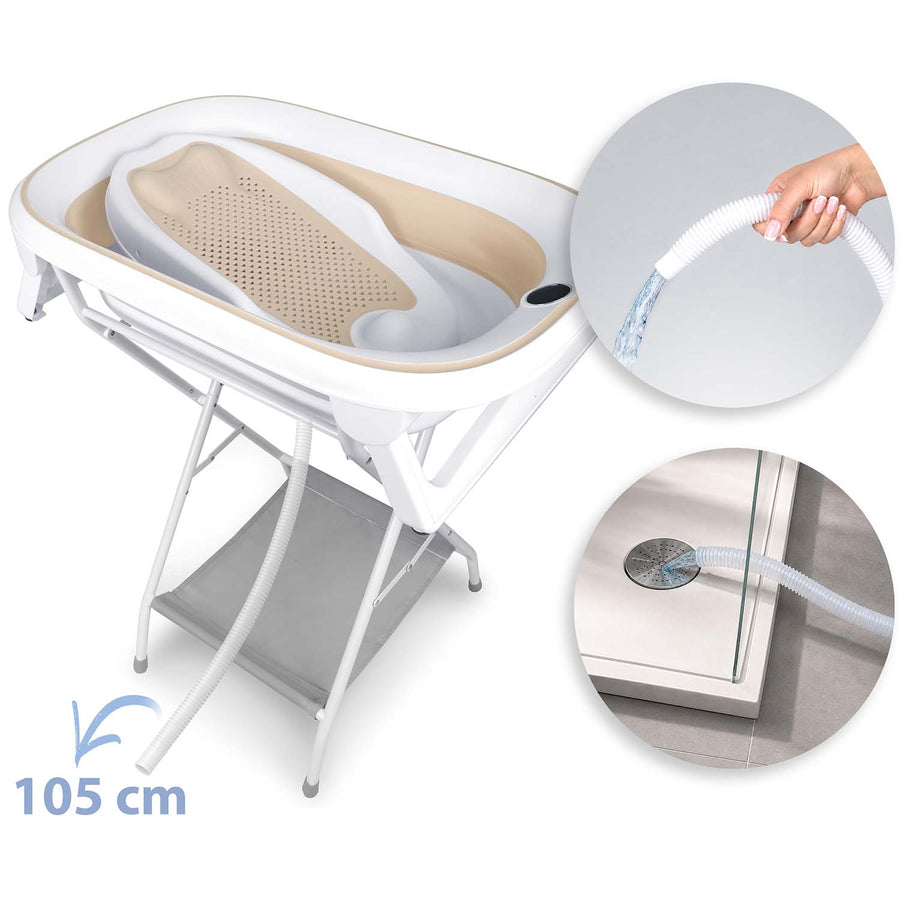 Foldbart babybadekar med stativ, termometer, afløbsslange og indlæg til nyfødte – hvid/beige