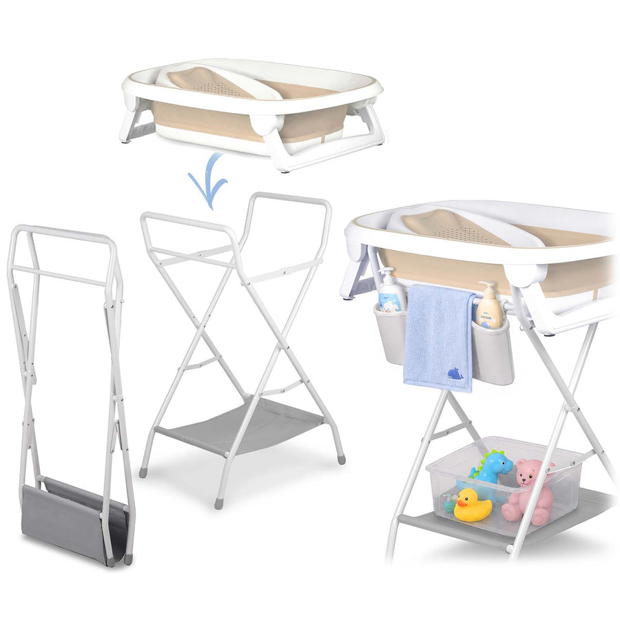 Foldbart babybadekar med stativ, termometer, afløbsslange og indlæg til nyfødte – hvid/beige