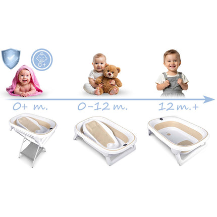 Foldbart babybadekar med stativ, termometer, afløbsslange og indlæg til nyfødte – hvid/beige