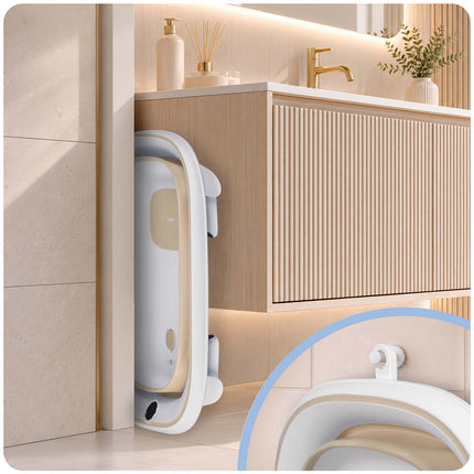 Foldbart babybadekar med stativ, termometer, afløbsslange og indlæg til nyfødte – hvid/beige