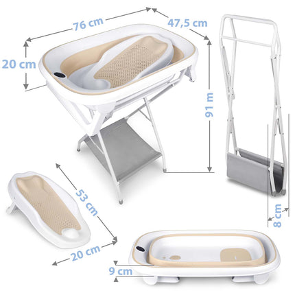 Foldbart babybadekar med stativ, termometer, afløbsslange og indlæg til nyfødte – hvid/beige