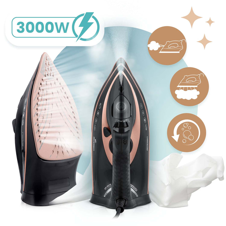 <strong>Kraftigt dampstrygejern med keramisk sål og dobbelt dampskud - 3000W, 360ml vandtank, selvrensende og automatisk sluk</strong>